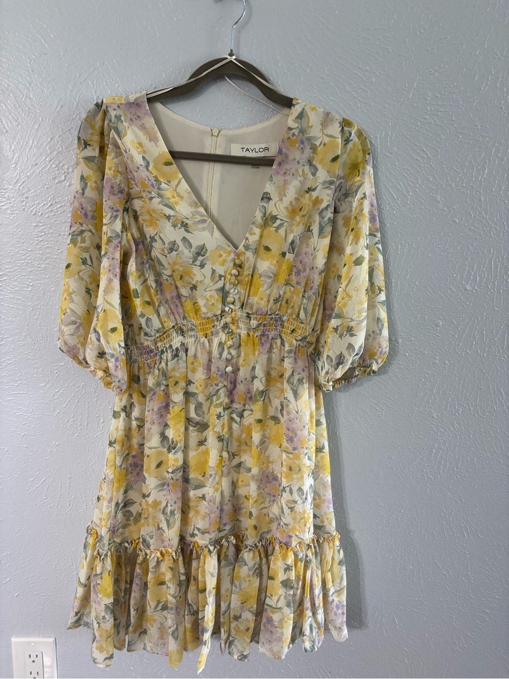 Taylor Yellow Floral V-Neck Ruffle Mini Dress